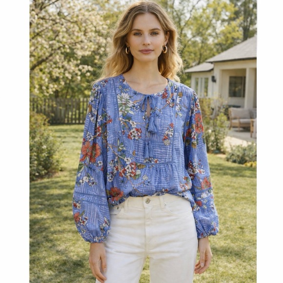 Johnny Was Mosaic Peasant Blouse Size Medium Blue